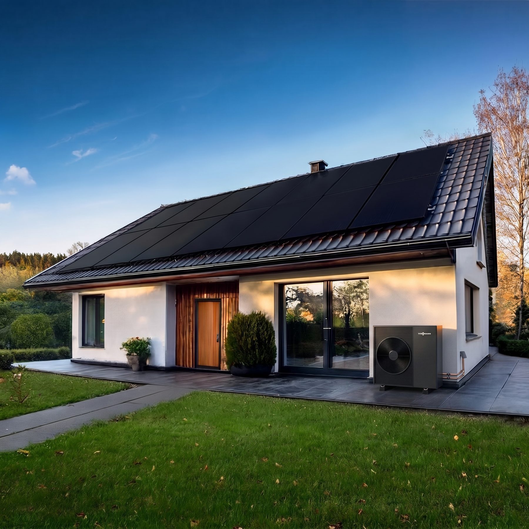 Modernes Einfamilienhaus mit Photovoltaikanlage auf dem Dach und Elektroauto